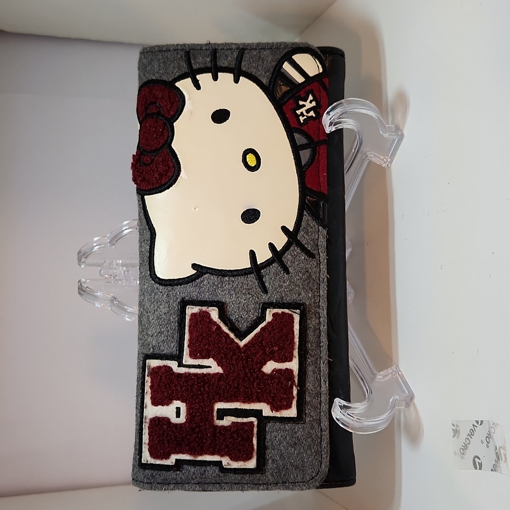 Sanrio loungefly hello kitty vintage varsity wallet with grey fuzzy HK Lettering